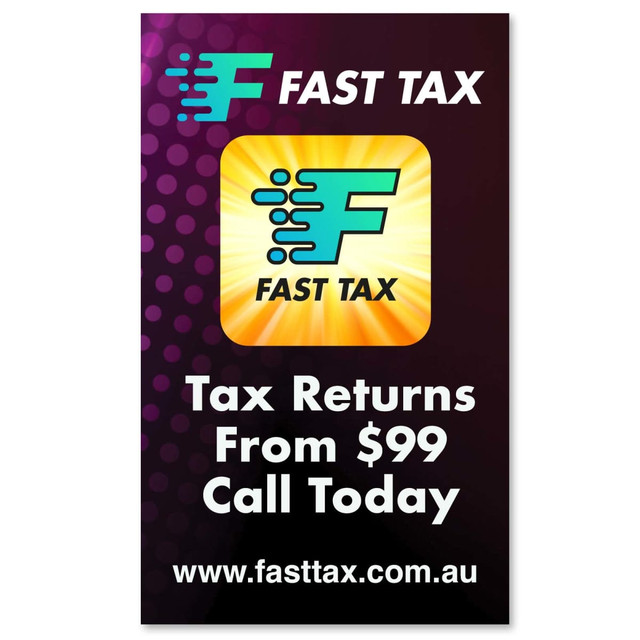 A promotional poster featuring a logo, vibrant colors, and text about tax return services, including a call to action.