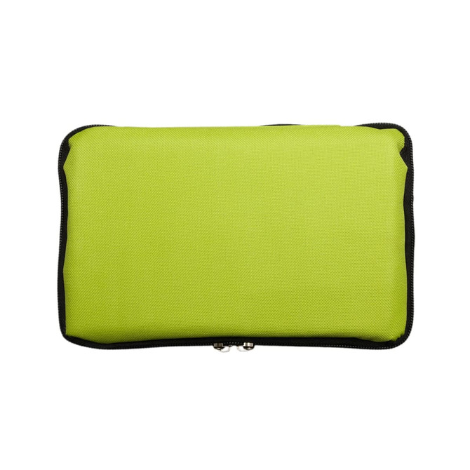 A green zippered pouch made of durable fabric, featuring a black trim and a simple design.