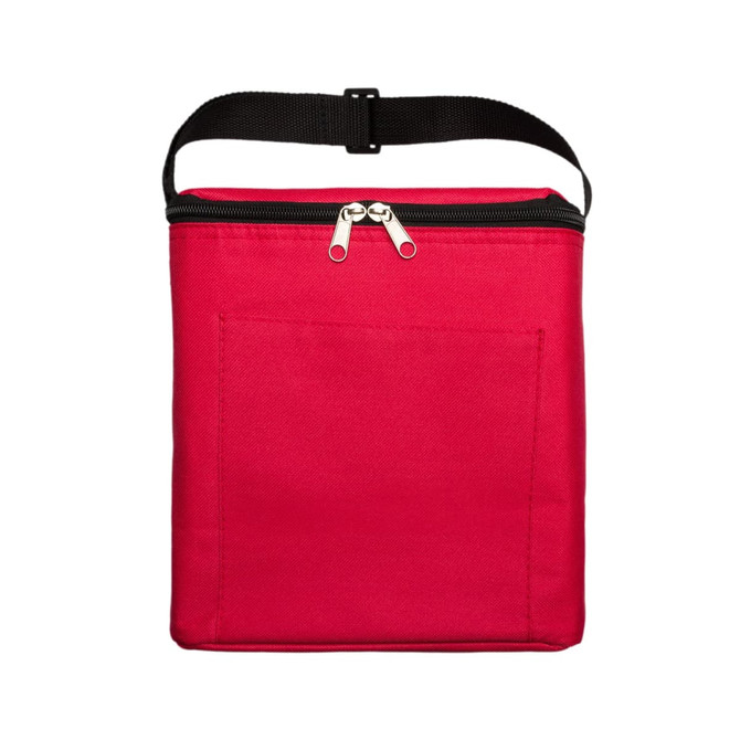 A red insulated cooler bag with a zippered top and a front pocket, featuring a black adjustable strap.
