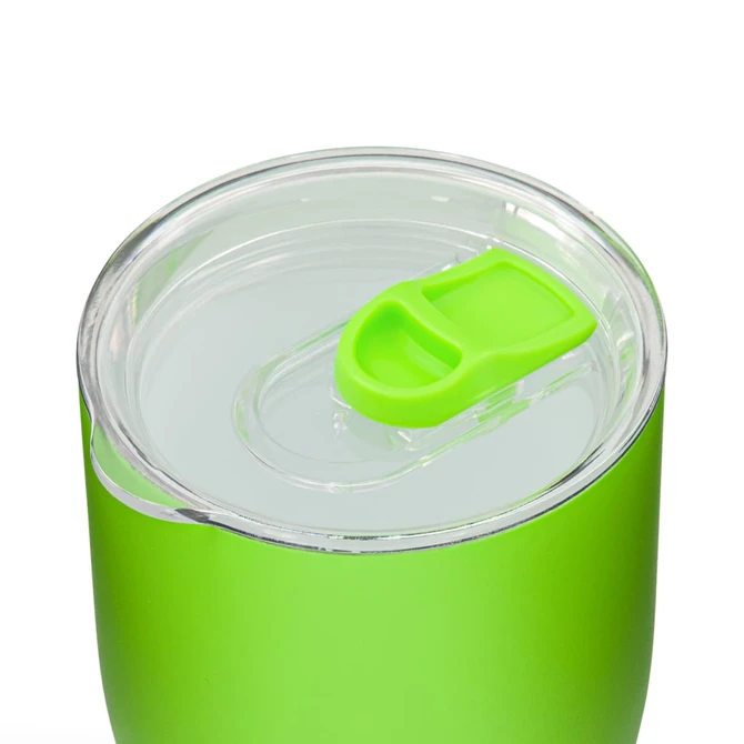 A green drink bottle with a clear lid and a green flip-top opening. It features a smooth surface and a sleek design.