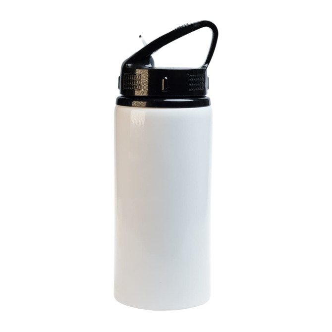 A drink bottle in white with a black lid and handle, featuring a built-in straw and branding on the lid.