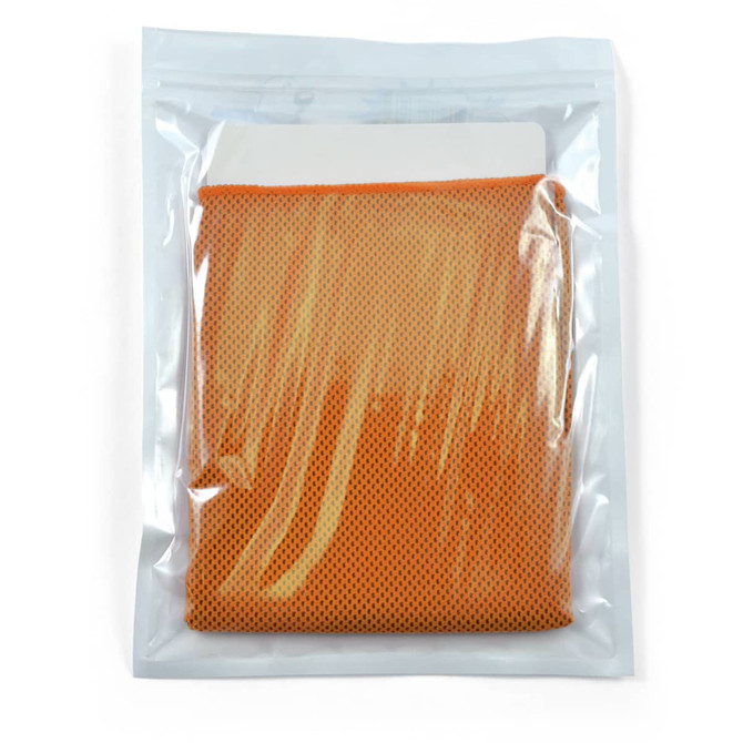 An orange cooling towel neatly packed in a clear pouch, featuring a branding logo on the packaging.