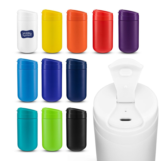 A collection of brightly coloured drink bottles in various shades, featuring a lid and a branding logo on one.