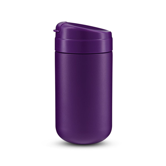 A purple coffee cup with a secure lid and a smooth finish. It features a logo on the surface.