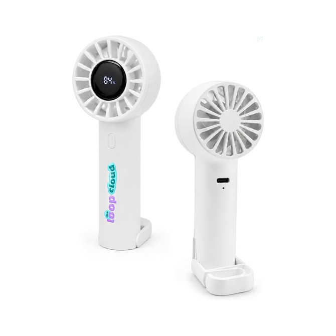 A portable rechargeable fan in white, featuring a sleek design and a compact base for stability. It has a logo on the side.
