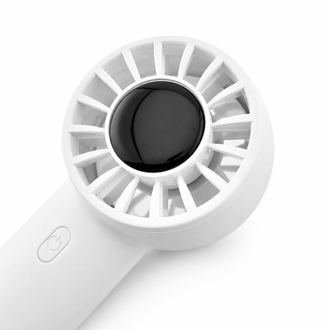 A white rechargeable fan with a circular black grill, featuring a power button on the handle and a minimal design.