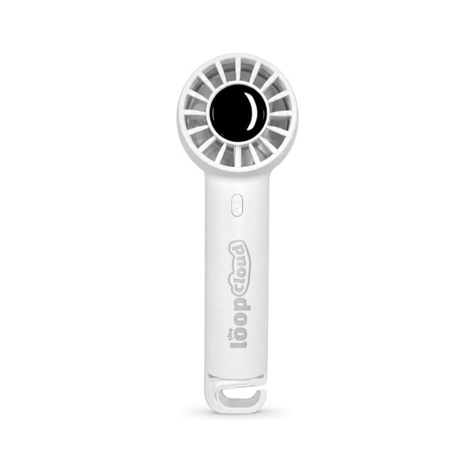 A white rechargeable fan with a circular head and a handle featuring a logo.