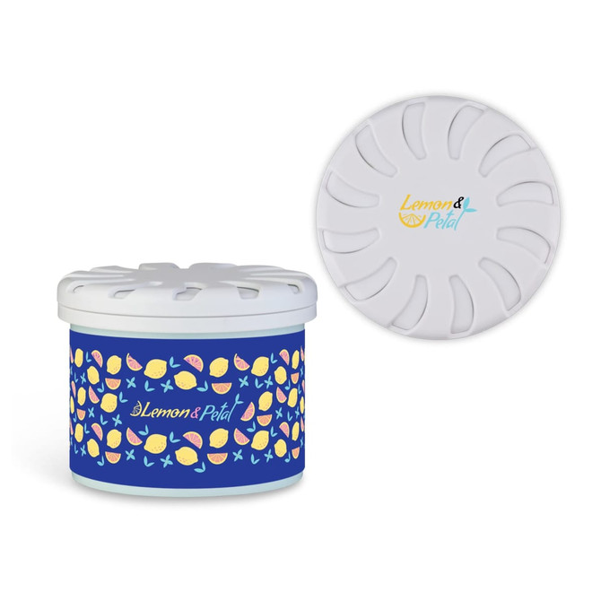 A round fragrance pot in blue featuring a colourful patterned design, with a white lid and branding on top.
