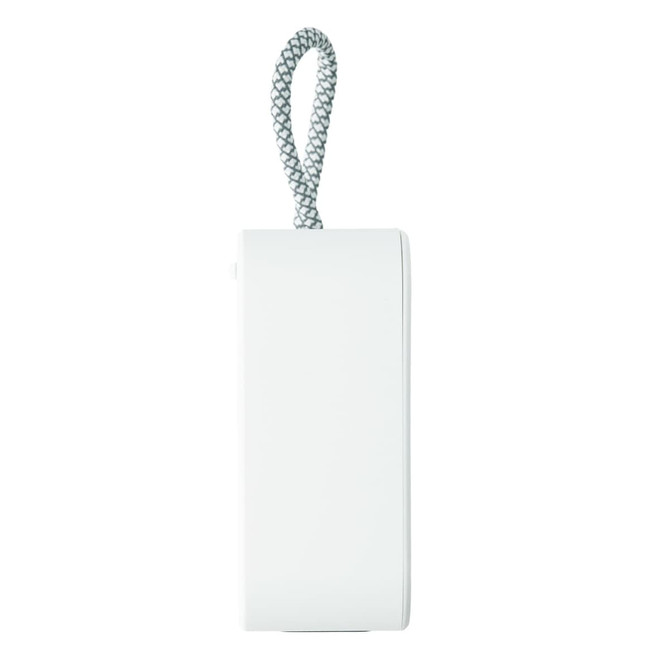 A white portable device with a grey lanyard attached, designed for convenience and mobility.