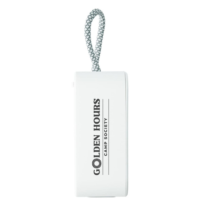 A white portable device with a grey strap, featuring a logo and text.