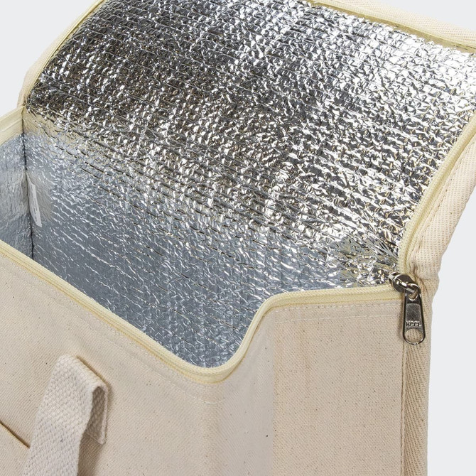 A cream cooler bag with a shiny silver insulated interior and a zip closure, featuring a strap for carrying.