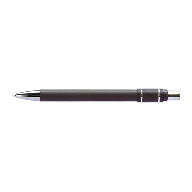 A metal pen in black with silver accents. The pen features a smooth barrel and a polished tip, and includes a logo.
