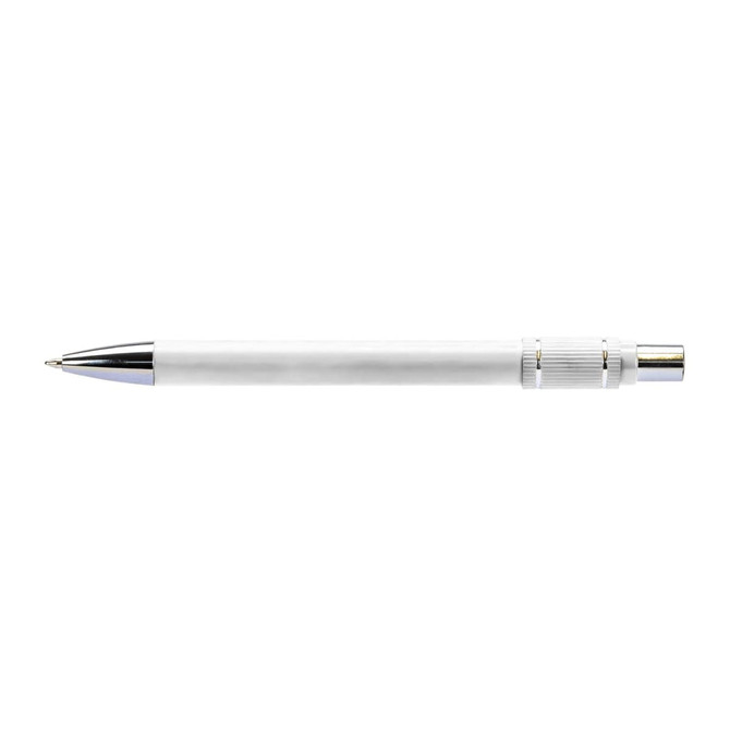 A metal pen in white with silver accents, featuring a smooth barrel design and a branding logo on the surface.