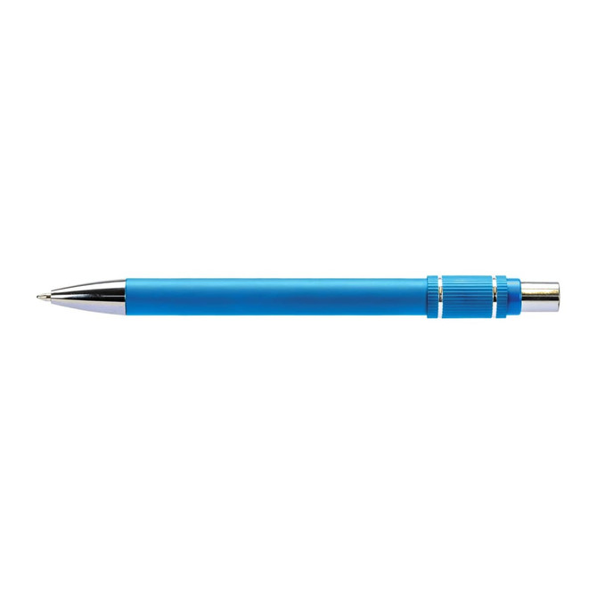 A blue metal pen with a shiny silver clip and detailing, featuring a logo on the barrel.