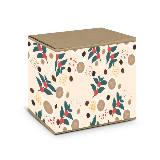 A decorative box featuring floral and coffee bean patterns in earthy tones of beige, green, and red.