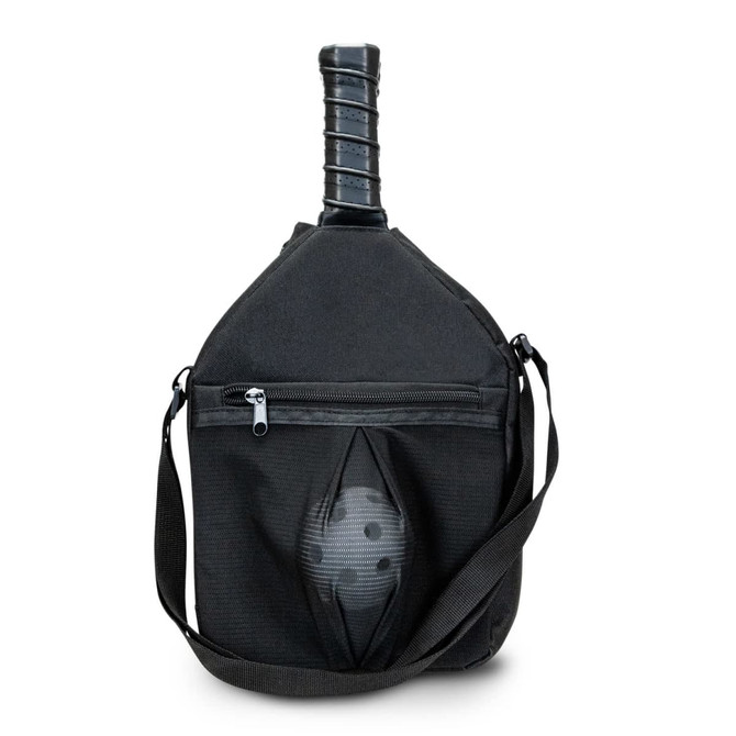A black pickleball bag with a handle and a zipped pocket featuring a round pattern, designed for carrying equipment.