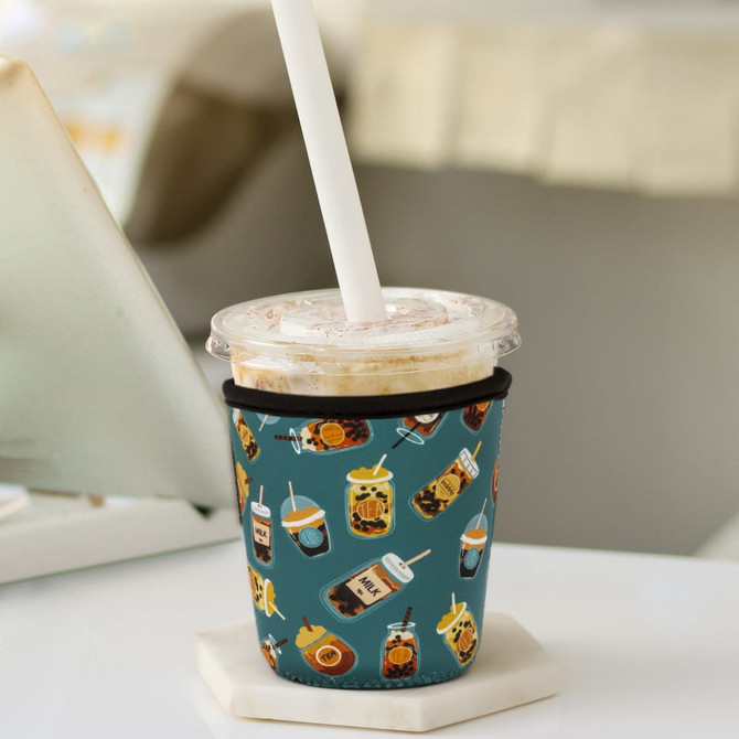 A drink bottle sleeve in teal with various drink illustrations, designed to insulate and hold cups.