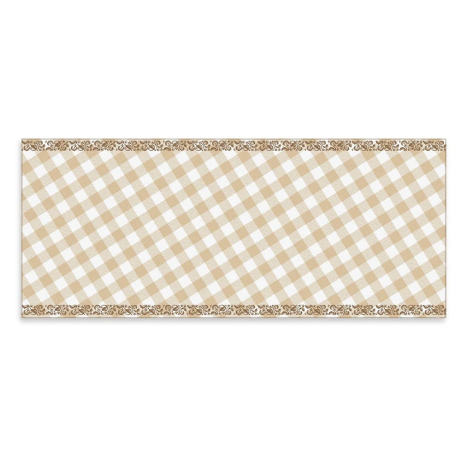 A custom lightweight scarf featuring a beige and cream checked pattern with a floral border design.
