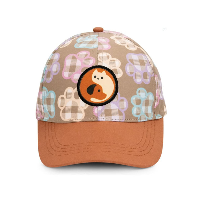 A cap featuring a patterned beige fabric with a full-colour patch of a cat and dog. The visor is brown.