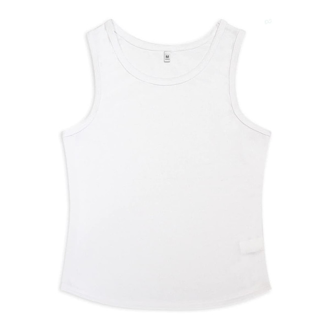 A white women's active tank top featuring a fitted design and a small logo tag.