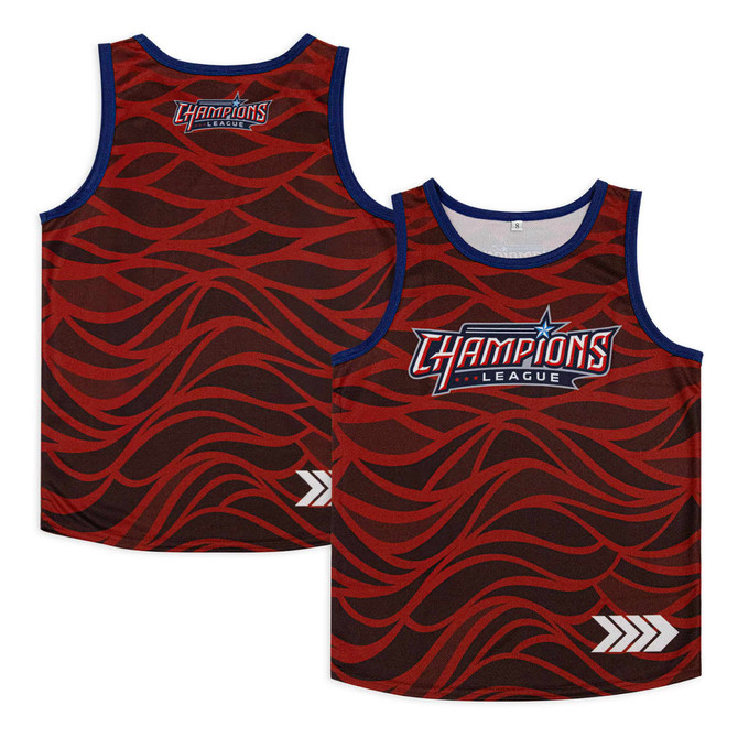 A red and black active tank top featuring a wave pattern and a logo. It has a blue neckline and shoulder trim.