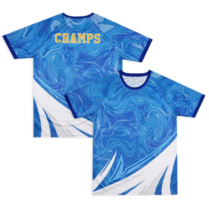 A vibrant blue active t-shirt featuring a swirling design and a logo on the back. It has contrasting blue details.