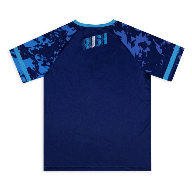 A custom women's active T-shirt in navy blue with blue camo sleeves and a branded logo on the back.