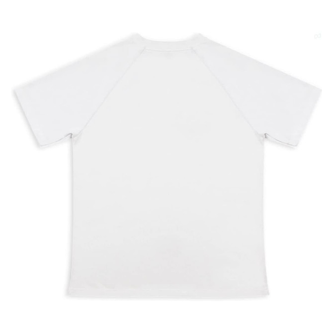 A plain white women's active t-shirt with short sleeves and a rounded neckline, featuring a logo.