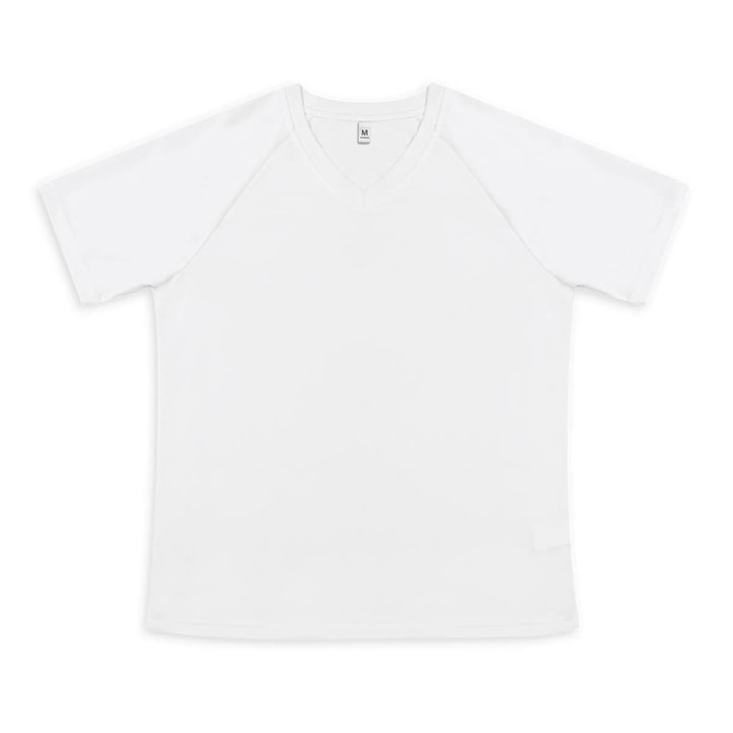 A white women's active V-neck T-shirt with short sleeves, featuring a logo on the label.