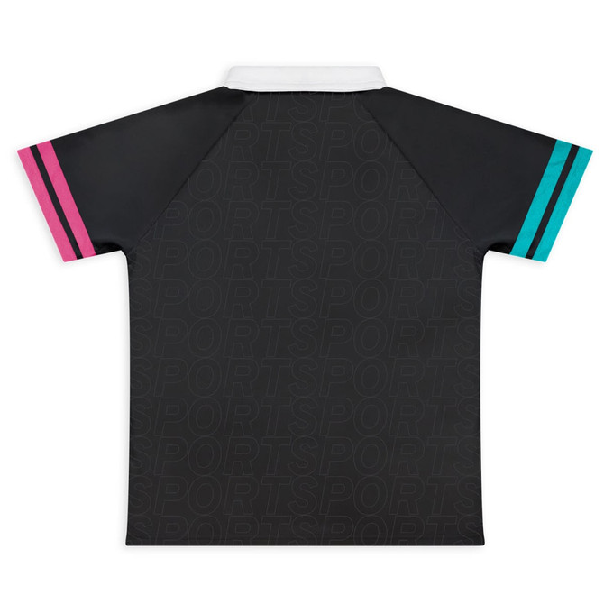 A black women's active polo shirt with pink and teal stripes on the sleeves and a white collar, featuring a logo.