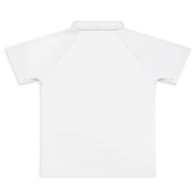A white women's active polo shirt featuring a simple design with a collar and short sleeves.