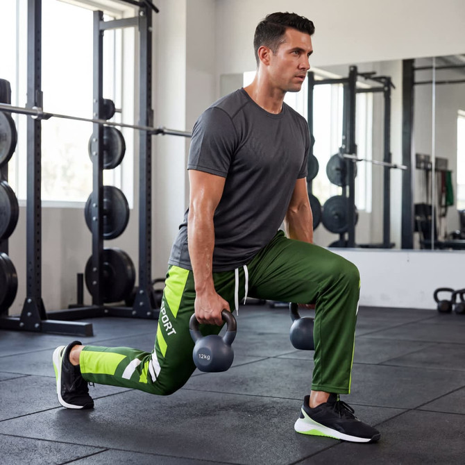 A man in grey shirt and green active pants performs lunges with dumbbells in a gym setting.