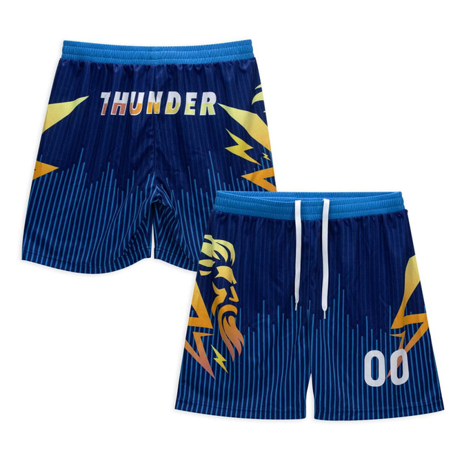 Custom men's active shorts in blue featuring a lightning design and a graphic on one side. Includes a logo on the waistband.