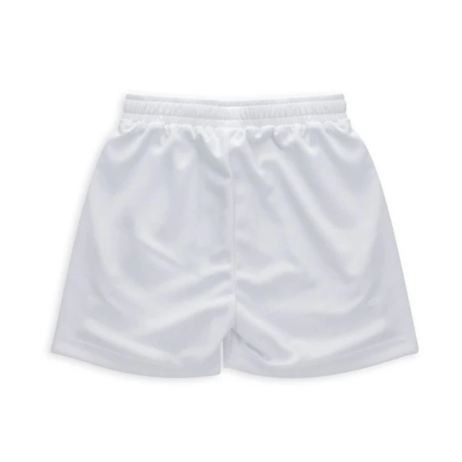White youth active shorts featuring an elastic waistband and smooth fabric, with a logo displayed.