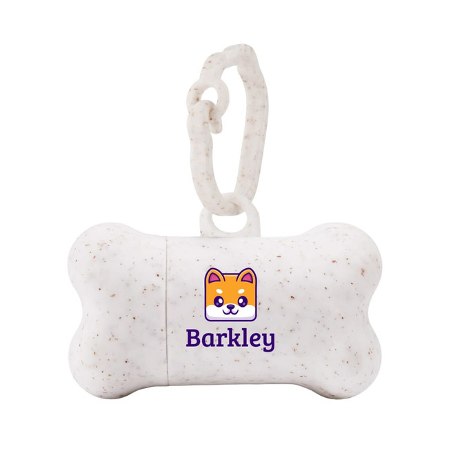 A white, bone-shaped dog waste bag holder featuring a logo and a clip for easy attachment.