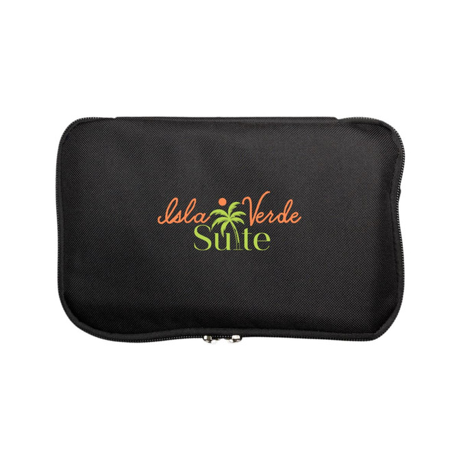 A black zippered case featuring a logo in orange and green. The design includes palm tree elements.