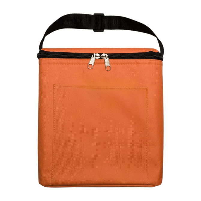 An orange insulated bag with a black zipper and a handle, featuring a front pocket.