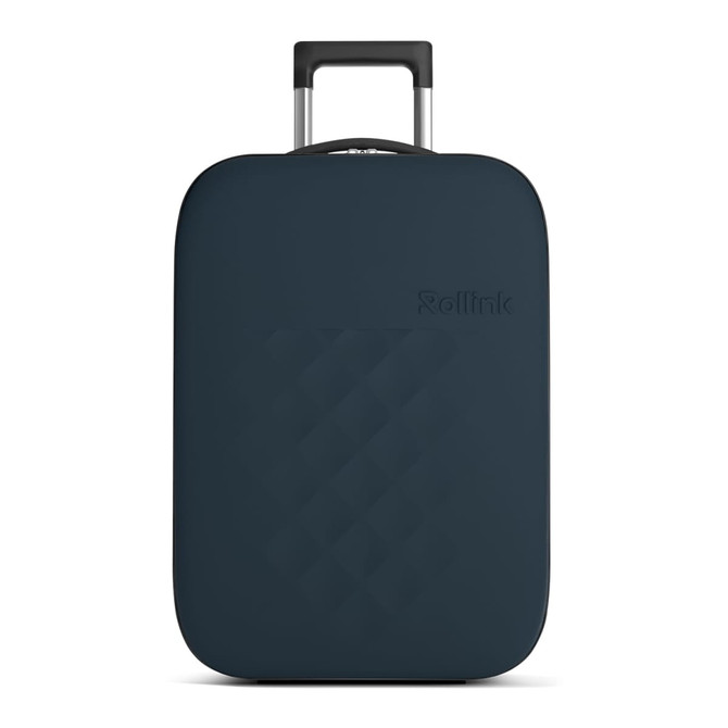 A dark green wheeled suitcase with a smooth surface and retractable handle, featuring a logo.