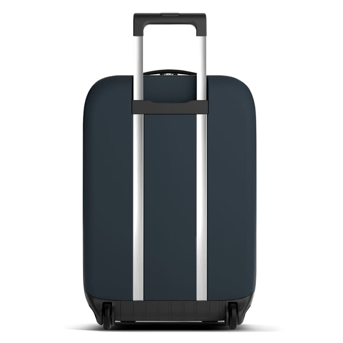 A dark green wheeled suitcase with a retractable handle and four wheels, featuring a logo on the side.