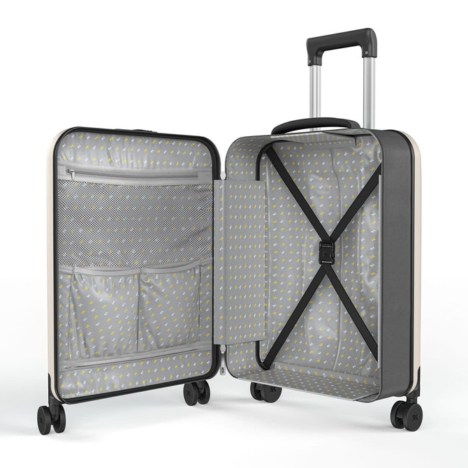A grey wheeled suitcase with an open interior featuring storage compartments and a patterned lining. It has a retractable handle.