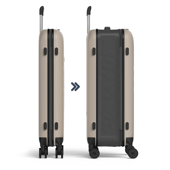 A 29" Rollink Flex 360 Spinner Suitcase in a beige finish, featuring wheels and a sleek design.