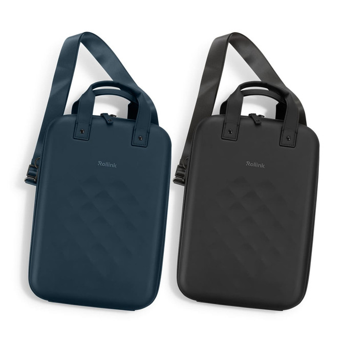 A laptop case featuring a quilted design, available in dark teal and black, with detachable straps and a logo.