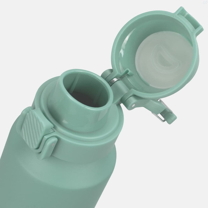 A drink bottle made of recycled aluminium in a mint green hue, featuring a flip-top lid and a secure clasp.