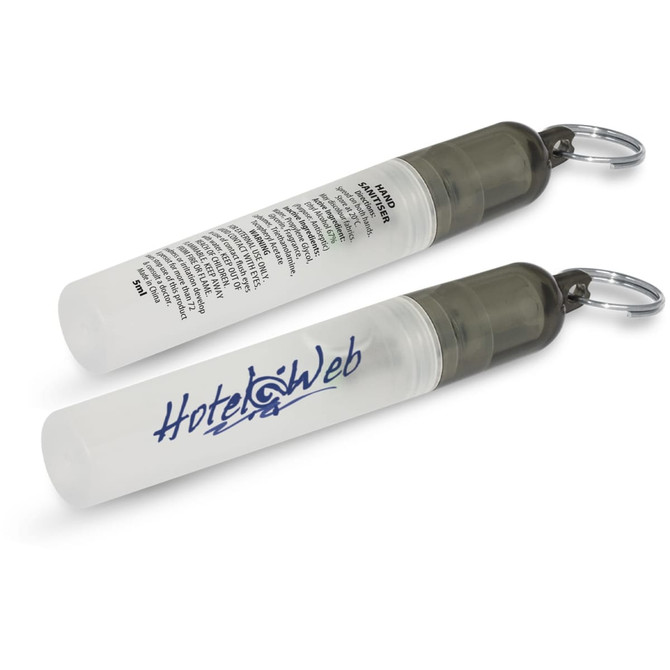 A mini hand sanitiser key ring in a clear bottle with a grey cap, featuring a logo on one side.