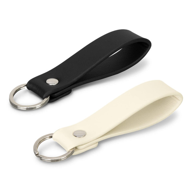 A black and a white key ring with a smooth leather finish and metal rings.