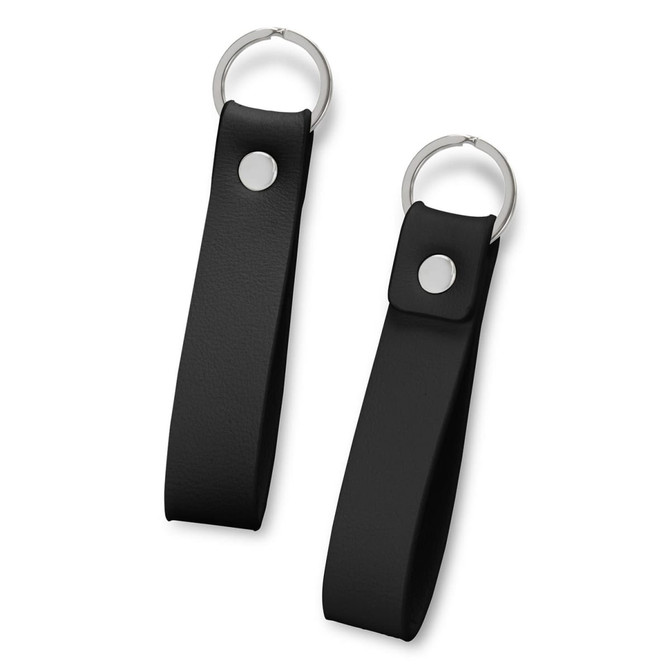 Two black leather key rings with silver metal fittings. Each has a snap button closure and key ring attachments.