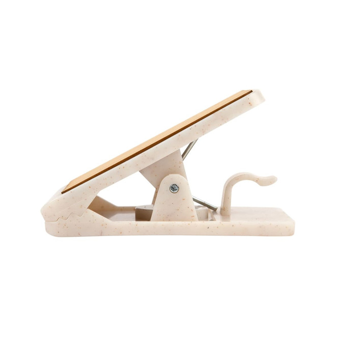 A beige Mako Magnetic Clip with a wooden grip, designed for holding documents securely. Features a logo on the side.