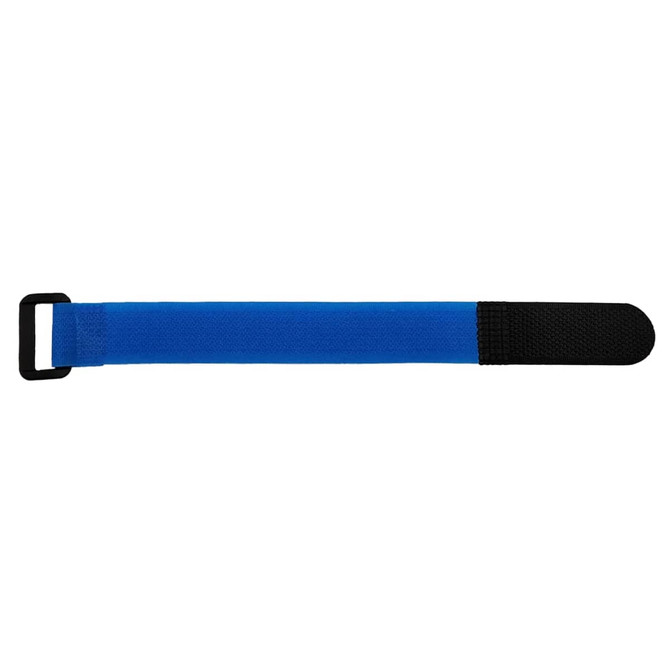 A blue travel towel strap with a black end, featuring a buckle. It has a smooth texture.