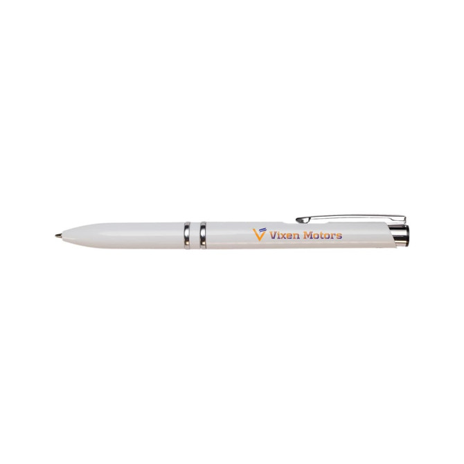 A white pen with a silver clip and accents, featuring a logo.