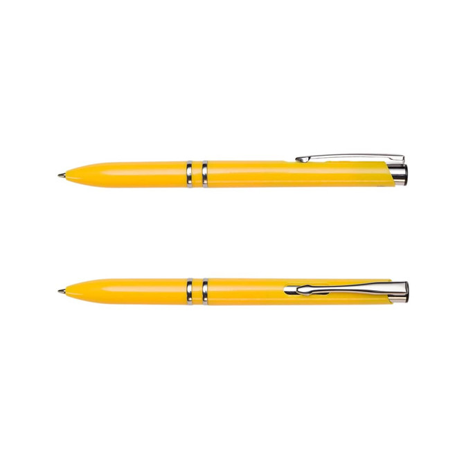 A bright yellow pen with chrome accents and a clip, featuring a streamlined design and a logo.